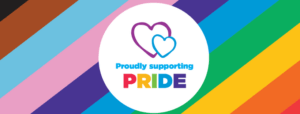 Keech Hospice Care PRIDE Logo. A colourful rainbow background with the Keech Hospice Logo of 2 interlinked hearts.