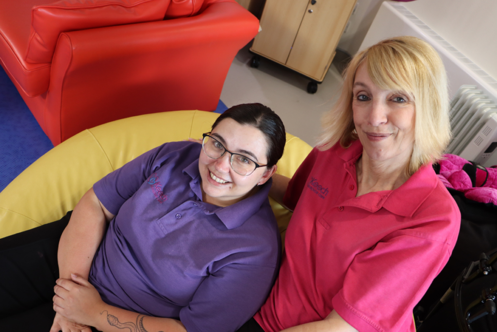 Jennie and Jordie, play specialists sat in the play room at Keech Hospice